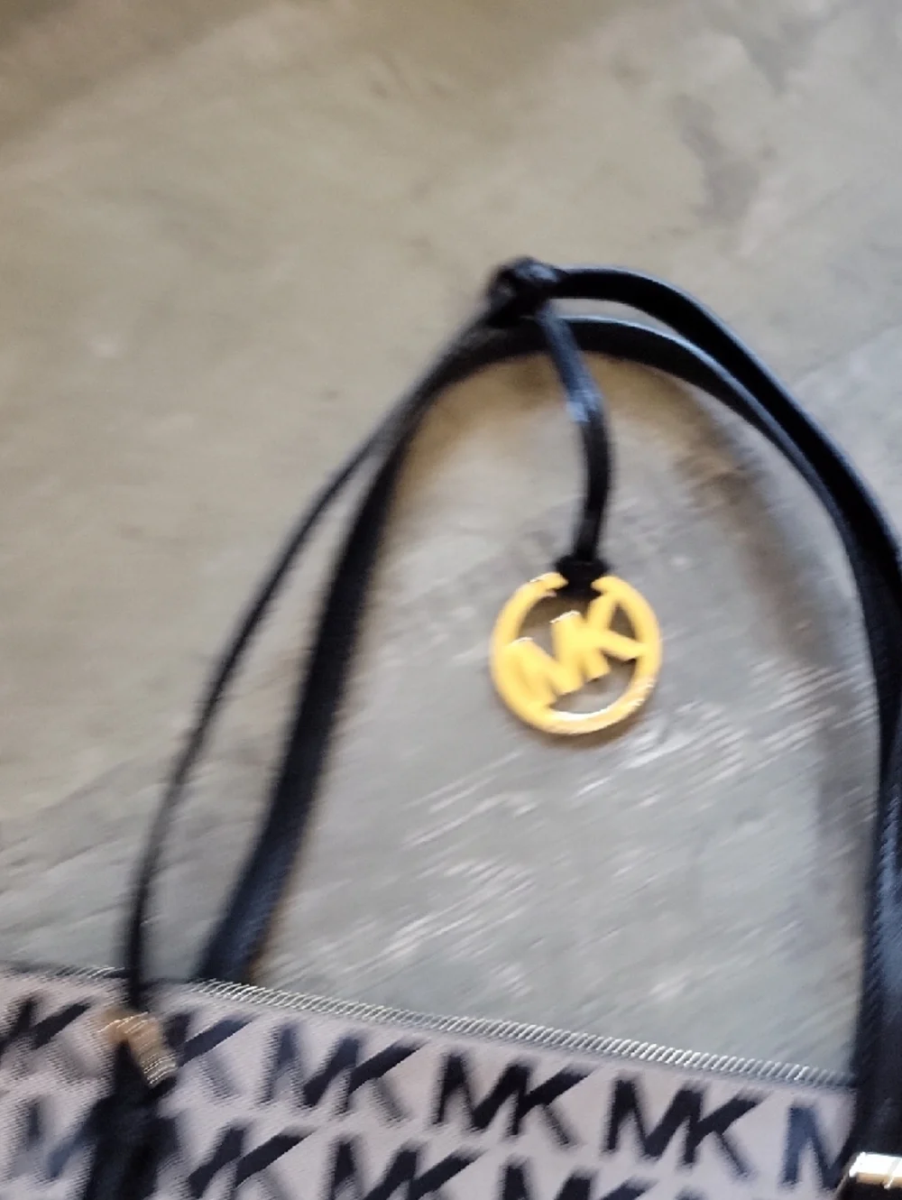 Michael Kors Beige and Black MK Logo Tote with Gold Charm